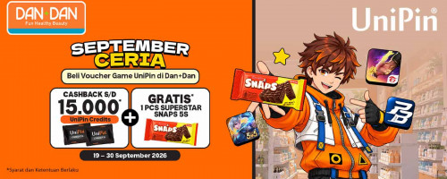 September Makin Ceria! Beli Voucher UniPin di Dan+Dan dan Dapatkan Cashback hingga 15.000 Credits + Gratis SUPERSTAR SNAPS!